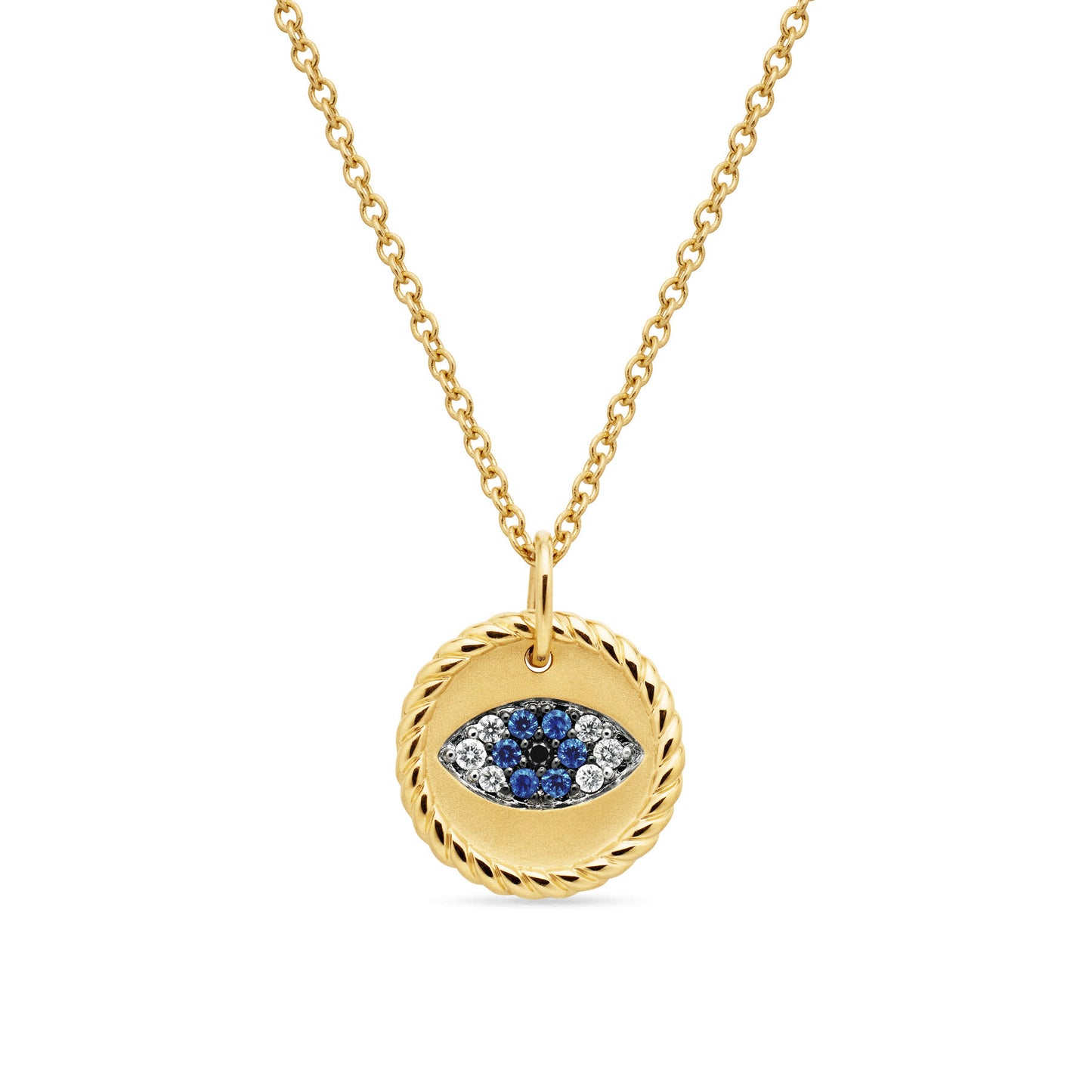 Cable Collectibles Evil Eye Charm Necklace with Blue Sapphire, Black Diamonds, and Diamonds in Gold