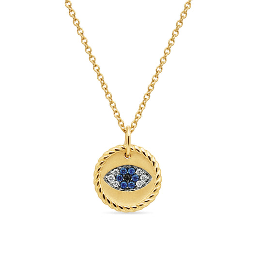 Cable Collectibles Evil Eye Charm Necklace with Blue Sapphire, Black Diamonds, and Diamonds in Gold