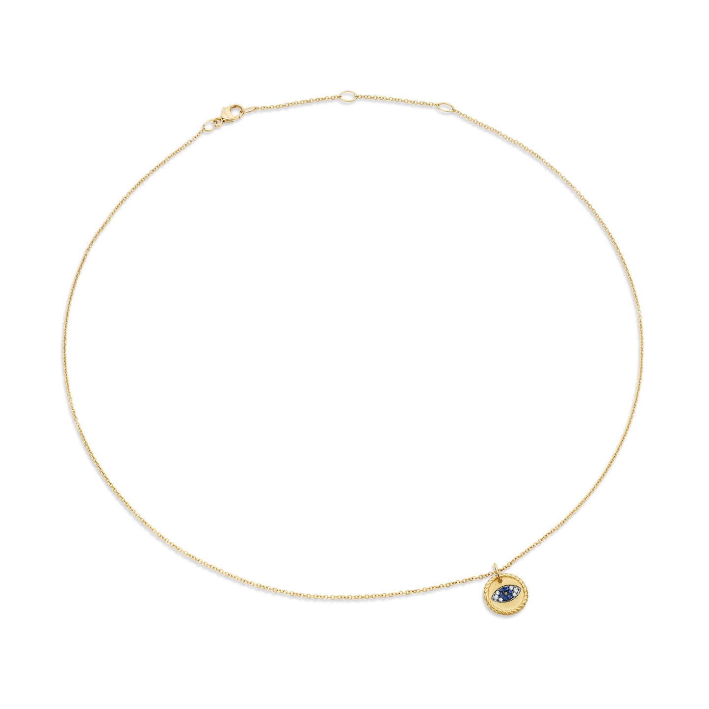 Cable Collectibles Evil Eye Charm Necklace with Blue Sapphire, Black Diamonds, and Diamonds in Gold