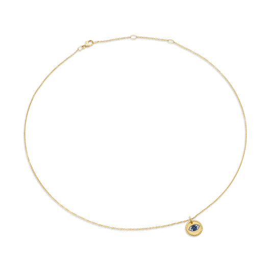 Cable Collectibles Evil Eye Charm Necklace with Blue Sapphire, Black Diamonds, and Diamonds in Gold