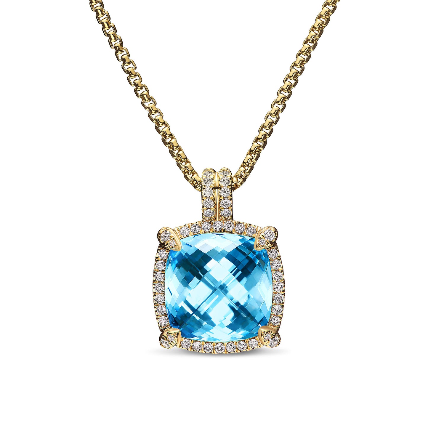 Chatelaine® Pavé Bezel Pendant Necklace in 18K Yellow Gold with Blue Topaz and Diamonds, 14mm