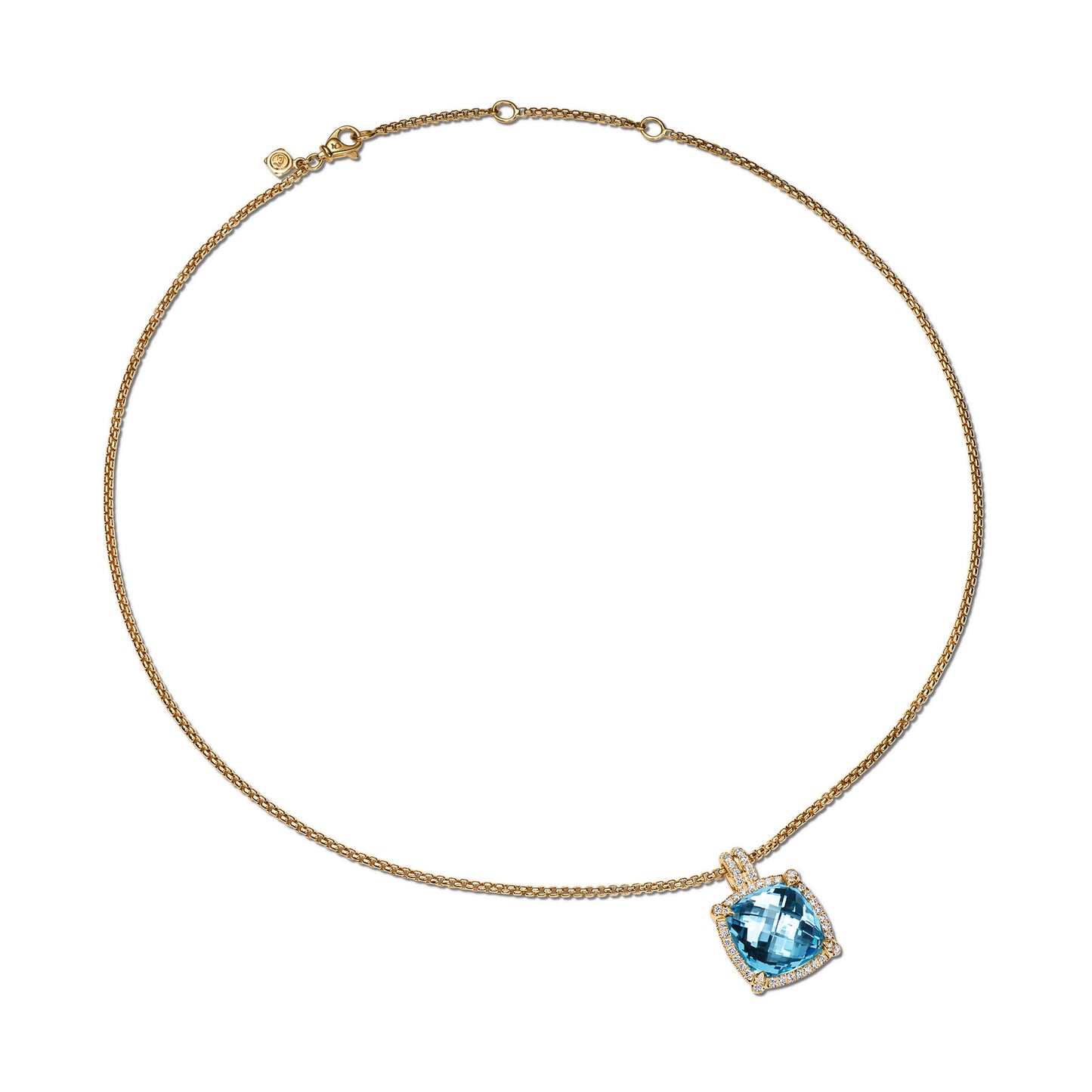 Chatelaine® Pavé Bezel Pendant Necklace in 18K Yellow Gold with Blue Topaz and Diamonds, 14mm