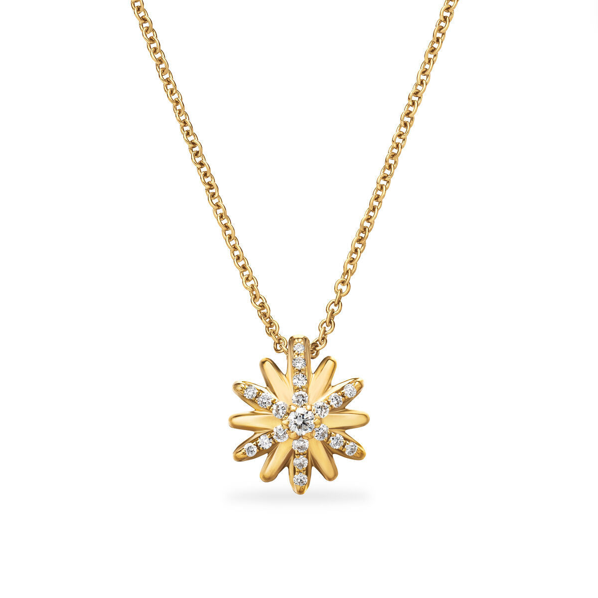 Petite Starburst Pendant Necklace in 18K Yellow Gold with Diamonds, 10.5mm