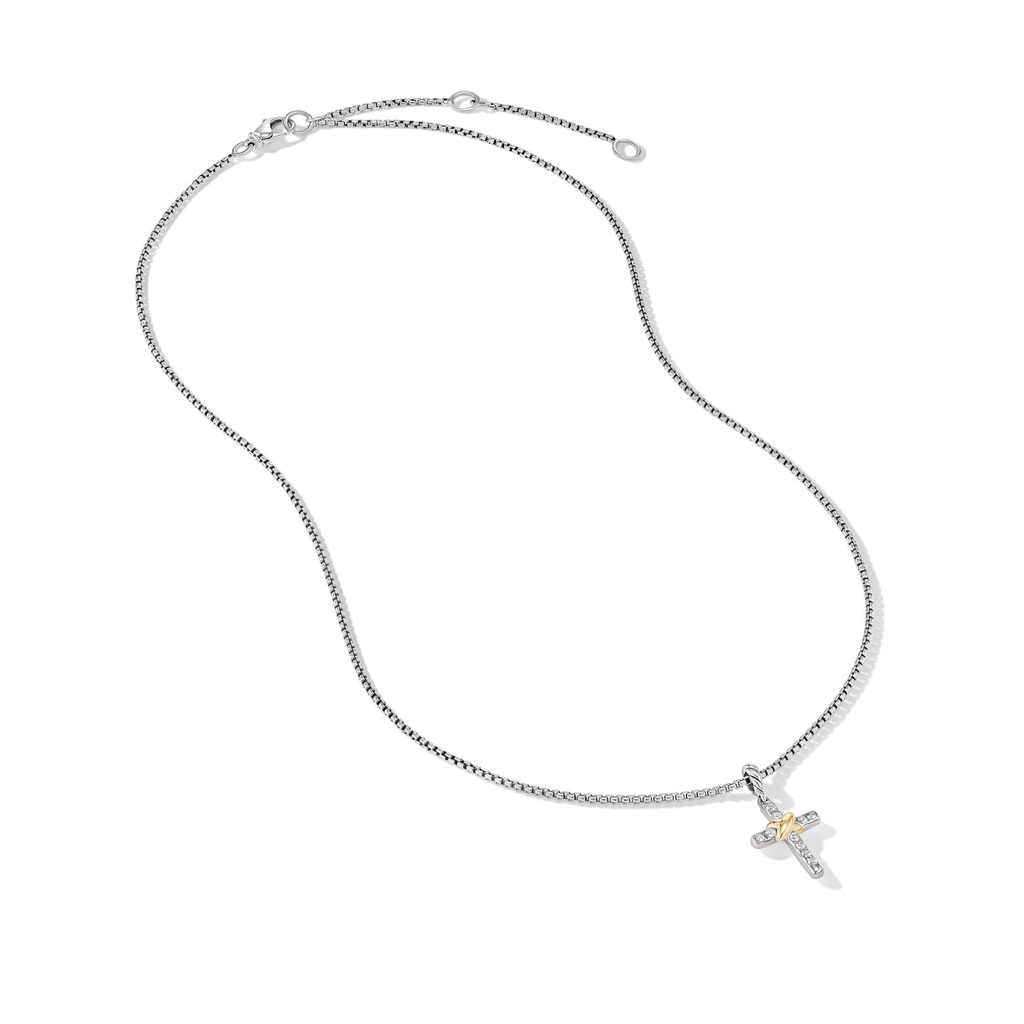 Petite Cross Necklace in Sterling Silver with 18K Yellow Gold with Diamonds, 20.8mm
