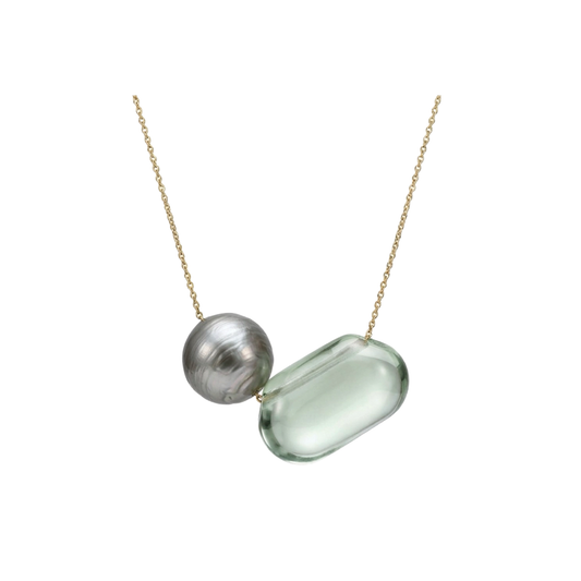 Green Amethyst and Pearl Trade Bead Necklace