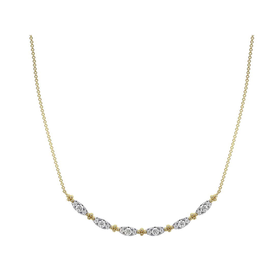 Diamond and Gold Bead Curved Bar Necklace
