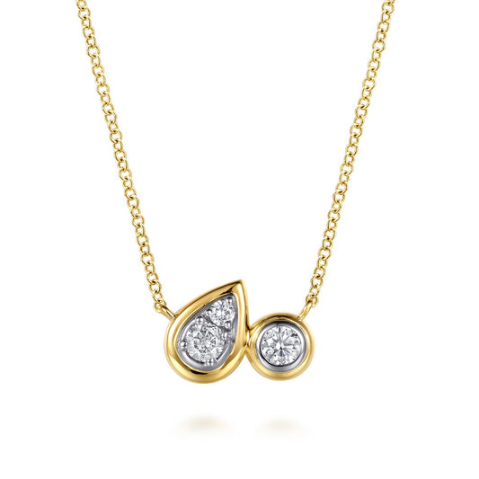 Yellow And White Gold Diamond Pear and Round Bezel Necklace