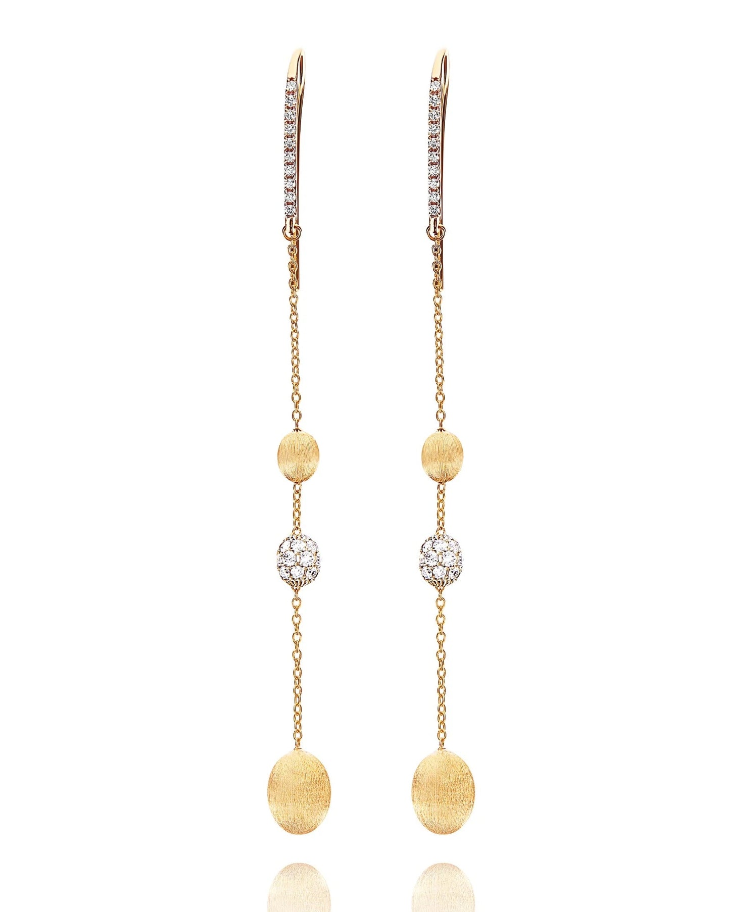 Hand Engraved Long Diamond and Gold Boule Earrings