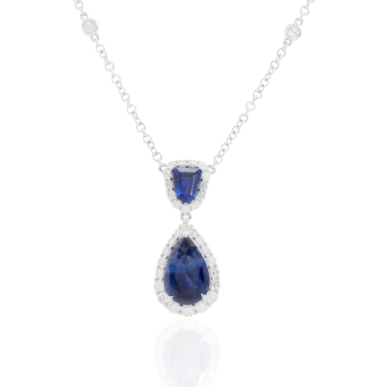 Double Diamond Halo and Blue Sapphire Necklace