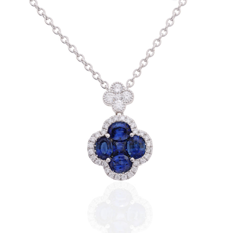 Blue Sapphire Clover Cluster Pendant Necklace