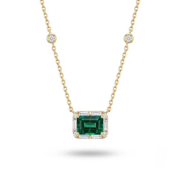 Emerald Pendant Necklace with Diamond Halo