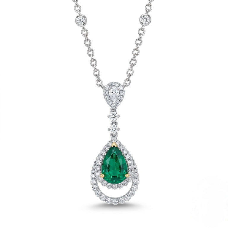 Emerald Pendant Necklace with Double Diamond Halo