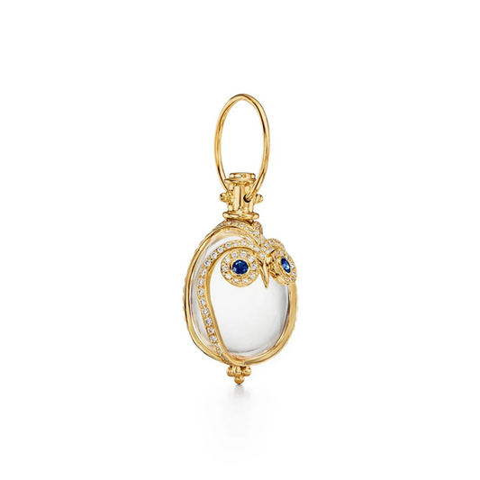 Medium Owl Amulet with Diamonds and Blue Sapphires around Rock Crystal in 18K Yellow Gold