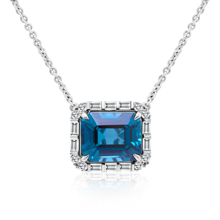 Vivid Blue Topaz Pendant Necklace with Diamond Halo