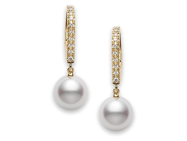 Yellow Gold Pearl Drop Earrings with Diamond