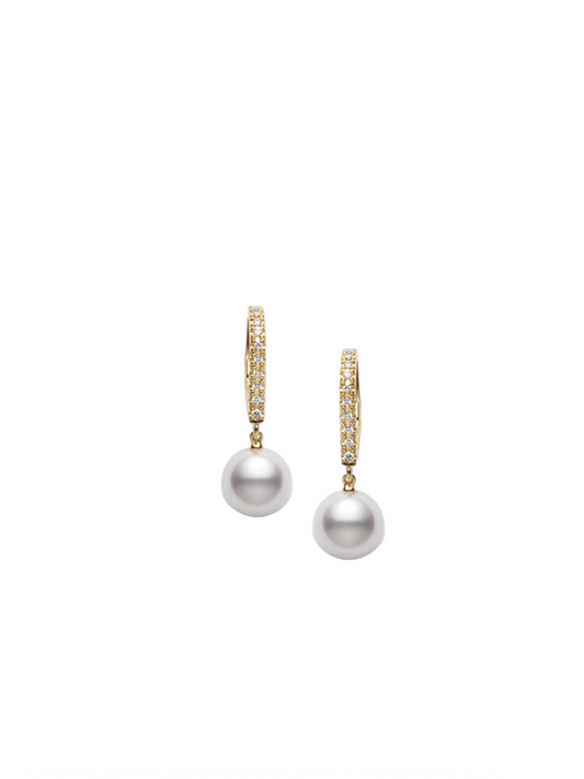 7.5mm Akoya Pearl and Diamond Lever Back Earrings in Yellow Gold