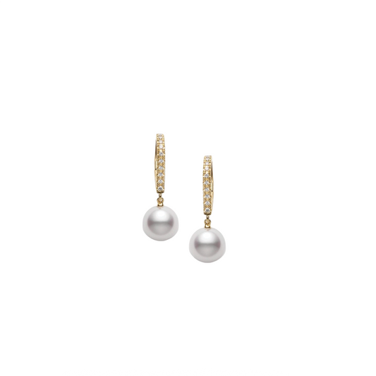 7.5mm Classic Elegance Akoya Pearl and Diamond Earrings in Yellow Gold