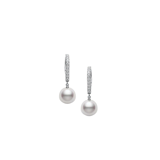 7.5mm Akoya Pearl and Diamond Lever Back Earrings in White Gold