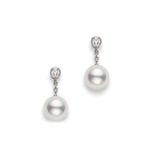 Diamond and Pearl Chain Dangle Earrings in 18K White Gold