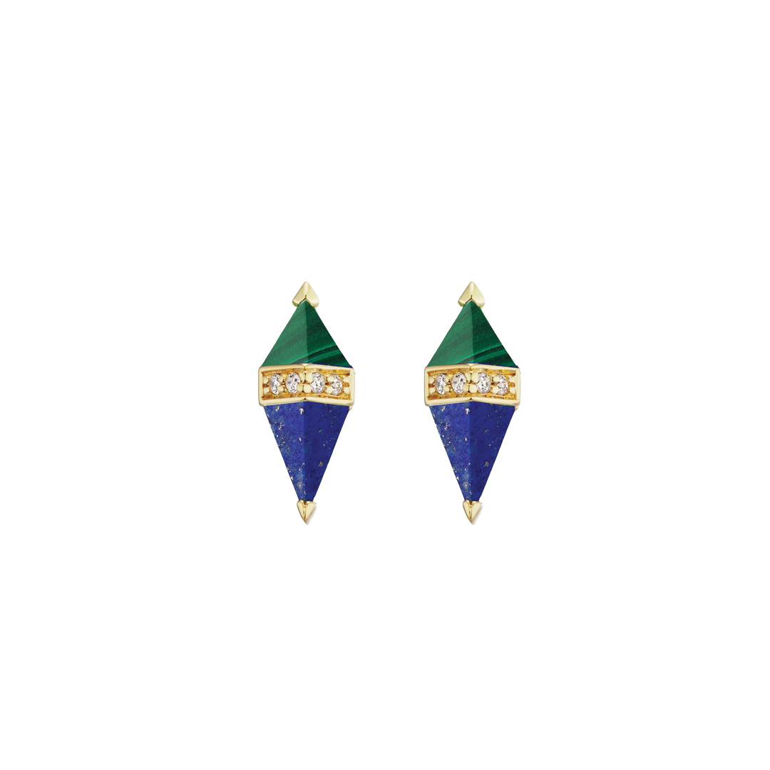 Pietra Malachite, Lapis and Diamond Stud Earrings