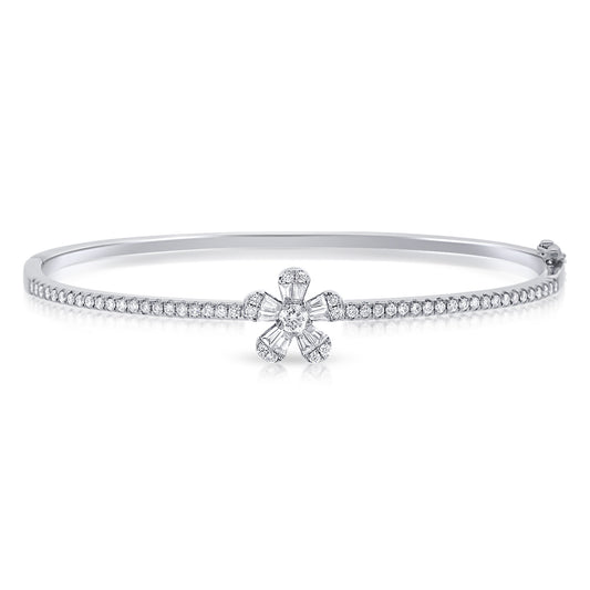 Split Prong Diamond Bangle with Single Flower