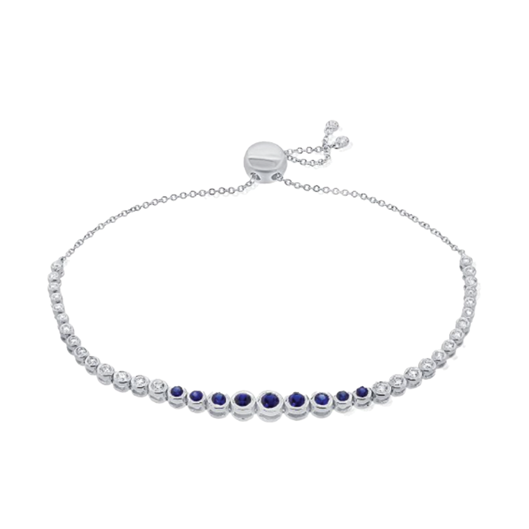 Graduated Blue Sapphire and Diamonds Bezel Set Bolo Bracelet in 14K White Gold