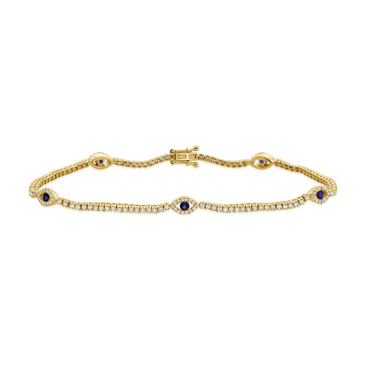 Diamond Tennis Bracelet with 5 Station Evil Eyes in 14K Yellow Gold