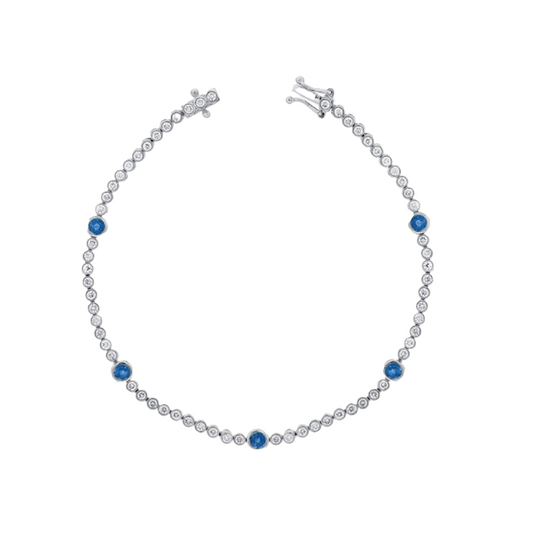 Bezel Set Diamond Tennis Bracelet with 5 Blue Sapphires in 14K White Gold