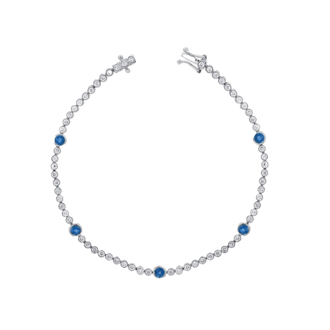 Bezel Set Diamond Tennis Bracelet with 5 Blue Sapphires in 14K White Gold
