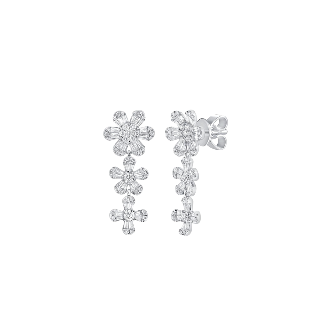 Long Triple Diamond Flower Drop Earring