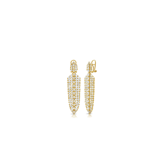 Long Feather Drop Earrings with Pave Diamonds and Bar Set Baguette Cut Diamonds