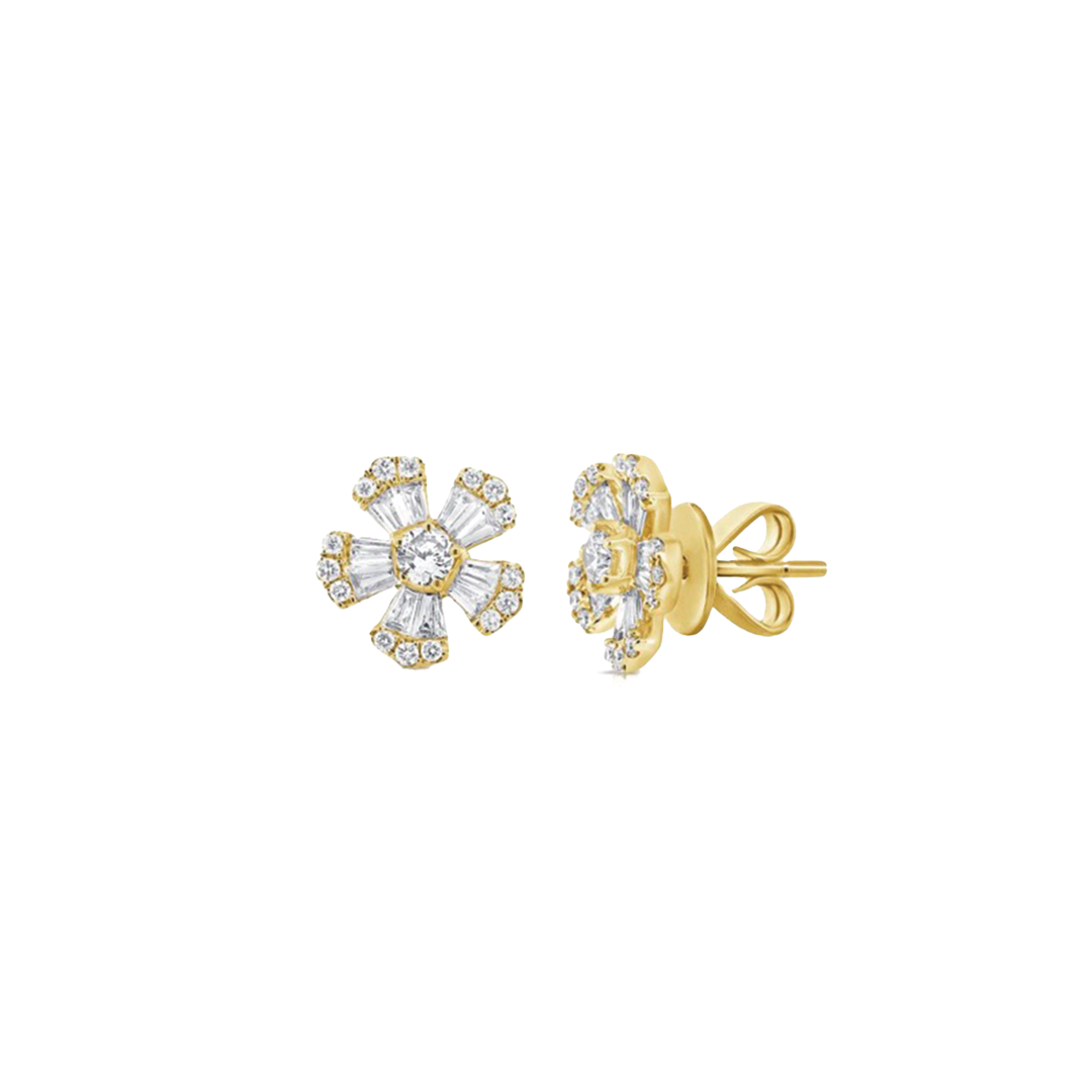 10mm Diamond Flower Stud Earrings in Yellow Gold, 0.75ctw