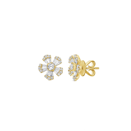 10mm Diamond Flower Stud Earrings in Yellow Gold, 0.75ctw