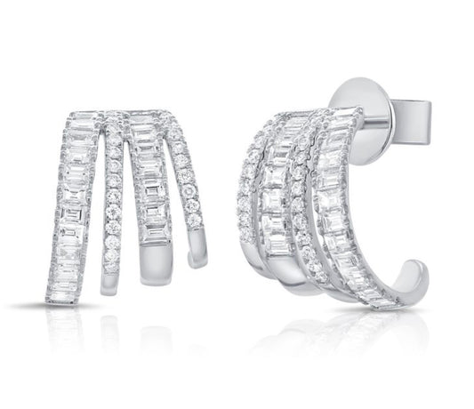 Multi-Row J Hoop Diamond Earrings in White Gold