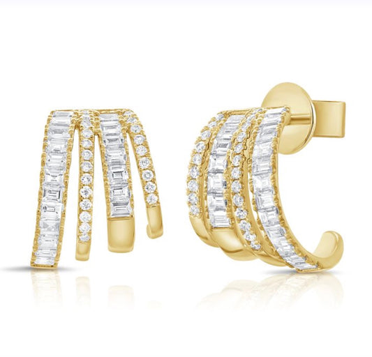 Multi Row J Hoop Diamond Earrings in Yellow Gold