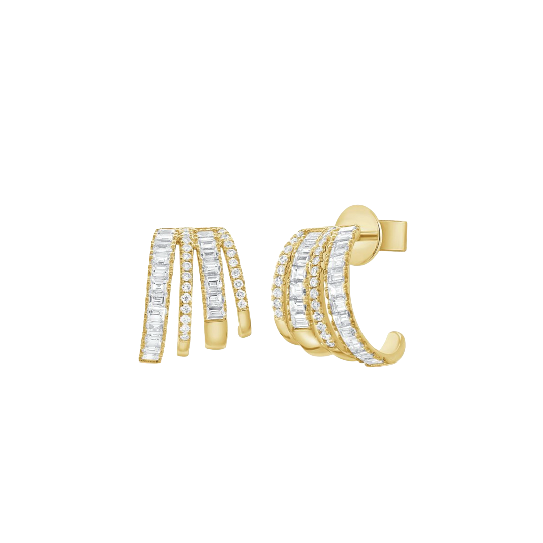 Multi Row J Hoop Diamond Earrings in Yellow Gold