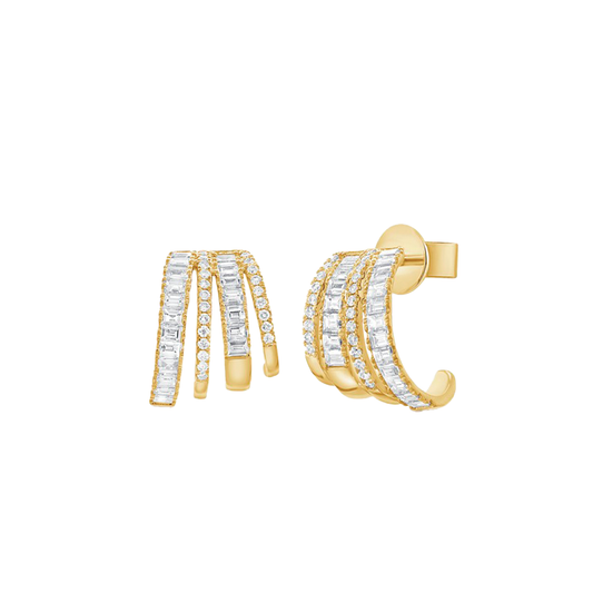 Multi Row J Hoop Diamond Earrings in Yellow Gold