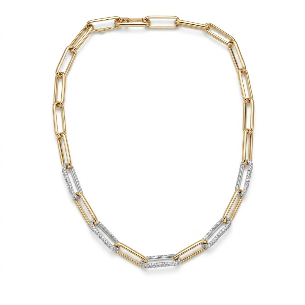 Large Gold and Diamond Paperclip Link Necklace