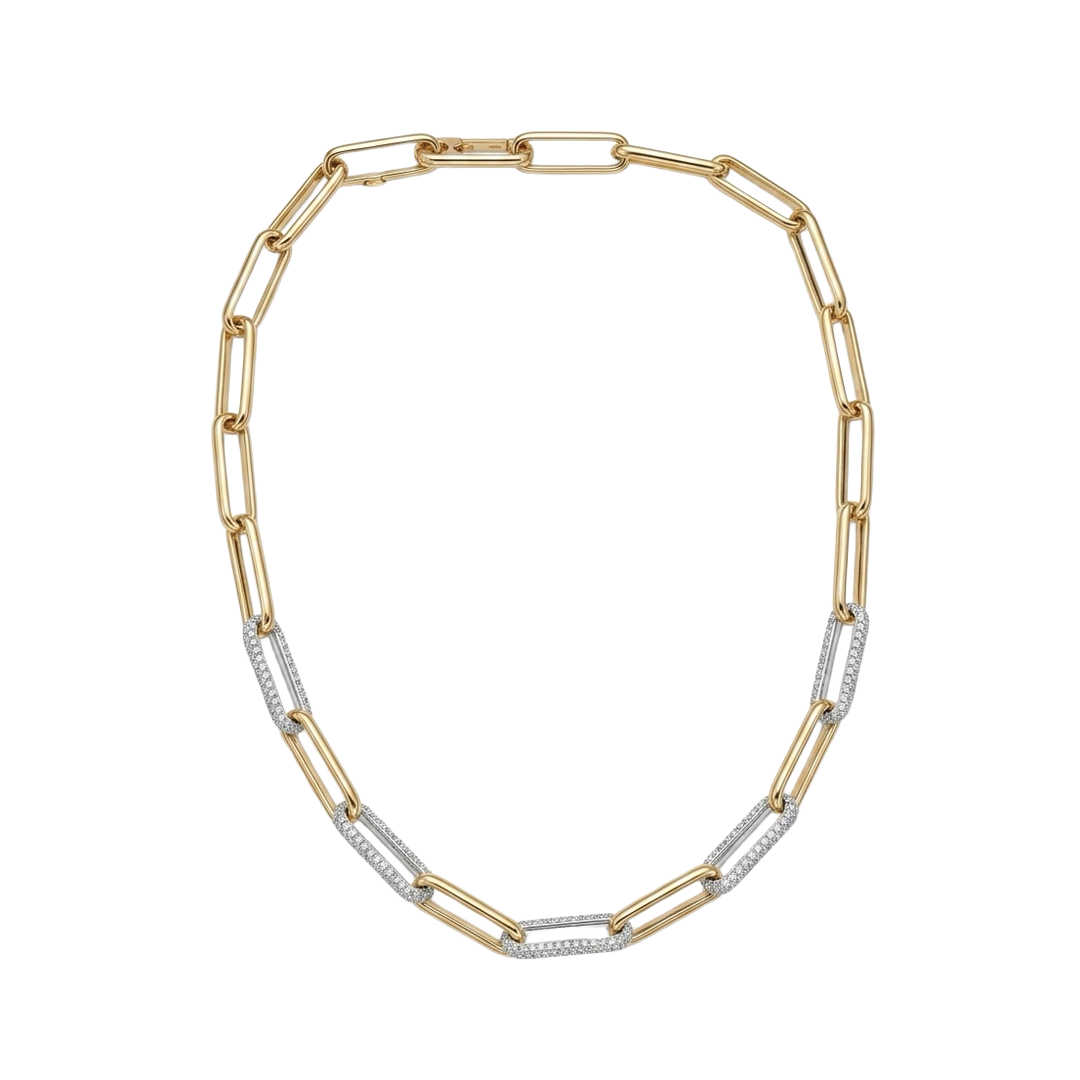 Large Gold and Diamond Paperclip Link Necklace