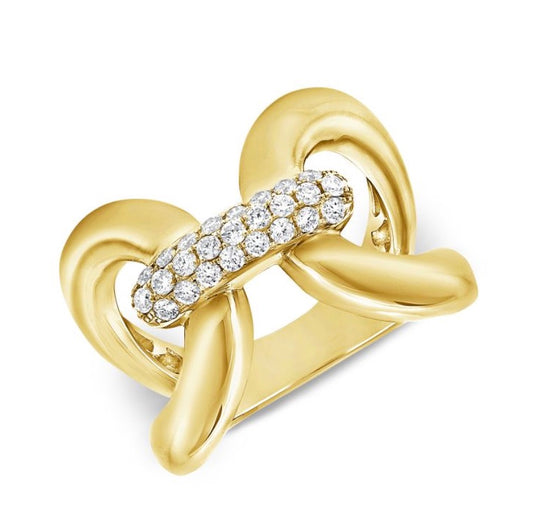 Wide Crossover Ring with Pave Diamonds and Ribbed Bands in 14K Yellow Gold