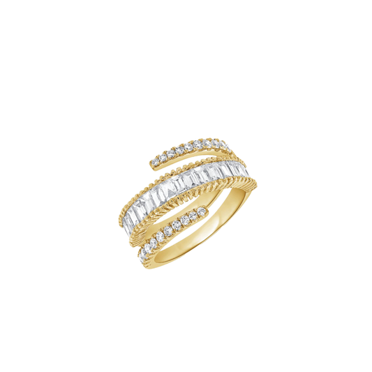 Triple Wrap Ring with Baguette and Round Diamonds in 14k Yellow Gold