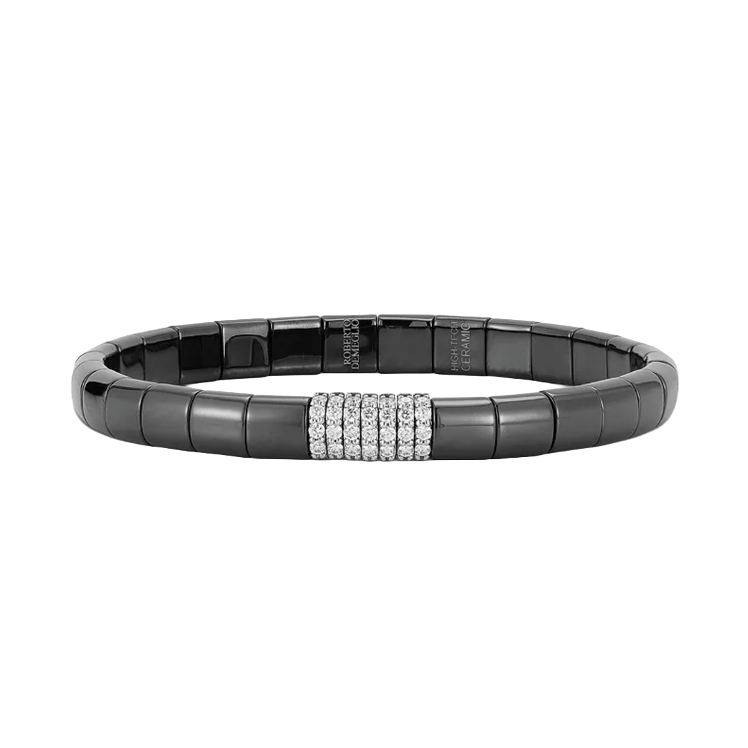 Pura Black Ceramic Stretch Bracelet with 7 Rows of Diamonds