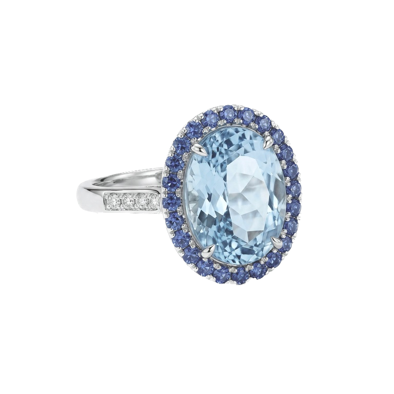 Oval Aquamarine Ring with Sapphire Halo