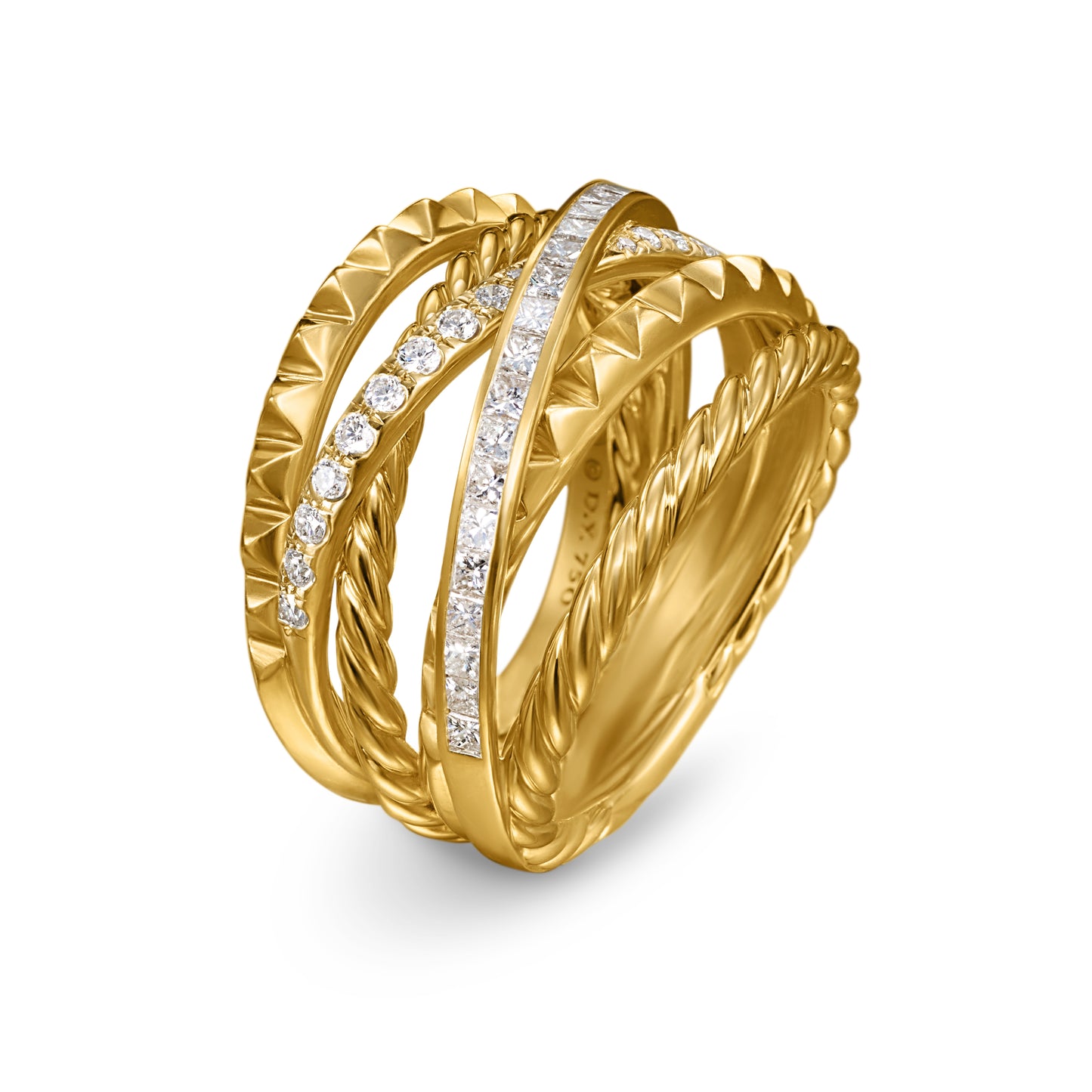 Crossover Trio Six Row Ring in 18K Yellow Gold with Diamonds, 17.5mm
