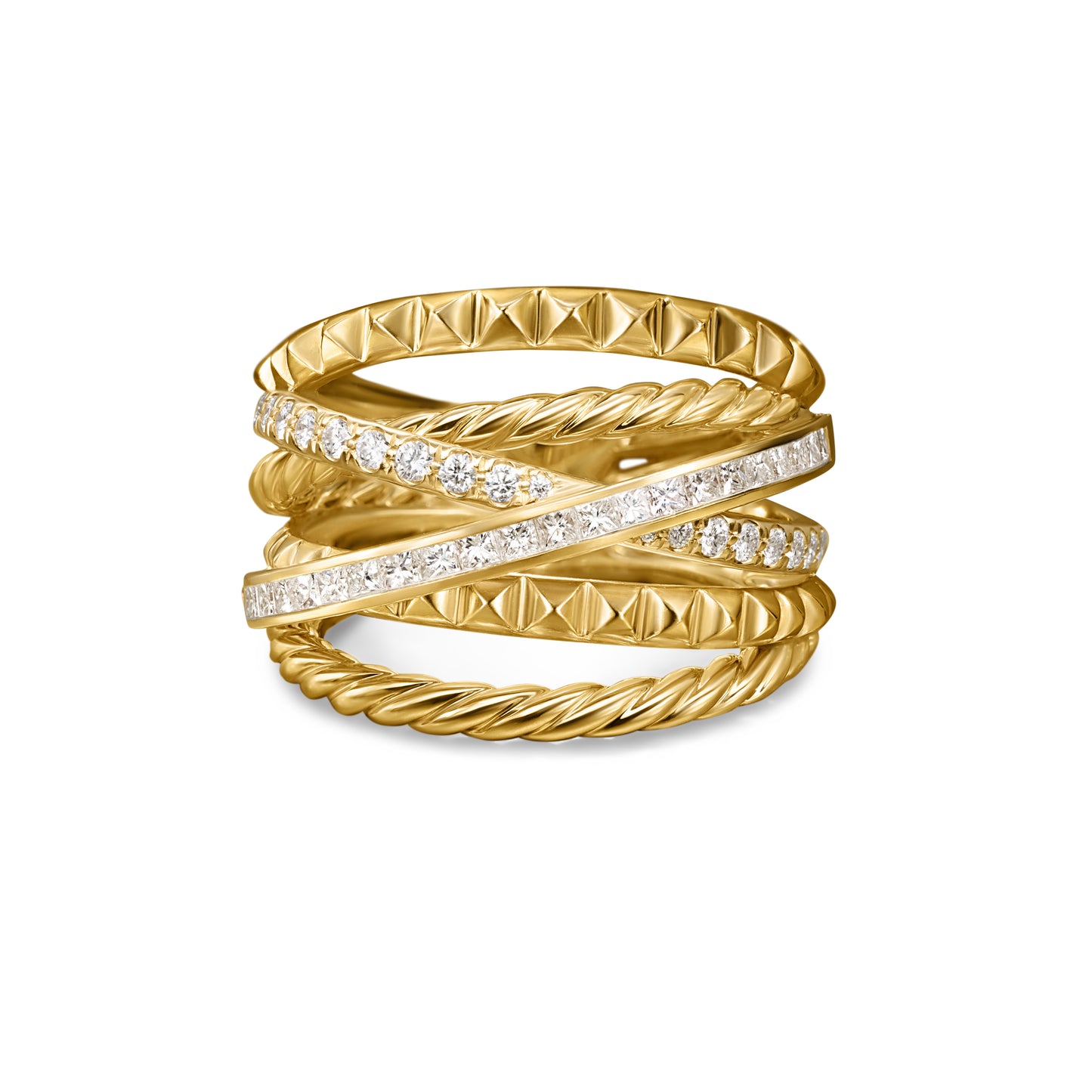 Crossover Trio Six Row Ring in 18K Yellow Gold with Diamonds, 17.5mm