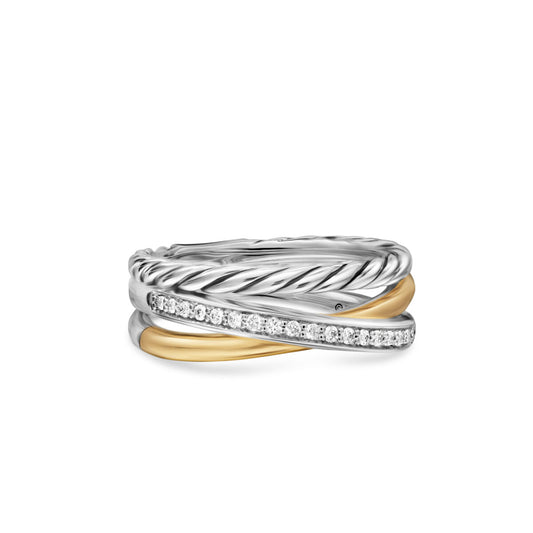 Crossover Three Row Ring in Sterling Silver with 18K Yellow Gold and Diamonds, 7mm