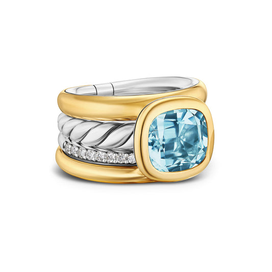 DY Mercer® Four Row Stone Ring in Sterling Silver with 18K Yellow Gold, Sky Blue Topaz and Diamonds, 14mm