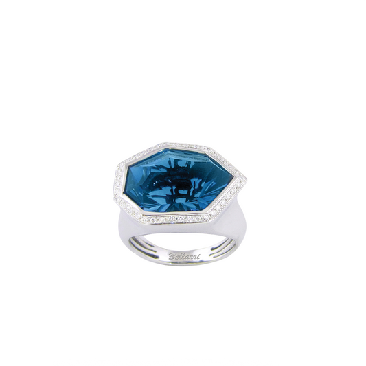 Faceted Ring with Blue Topaz and Diamond Halo