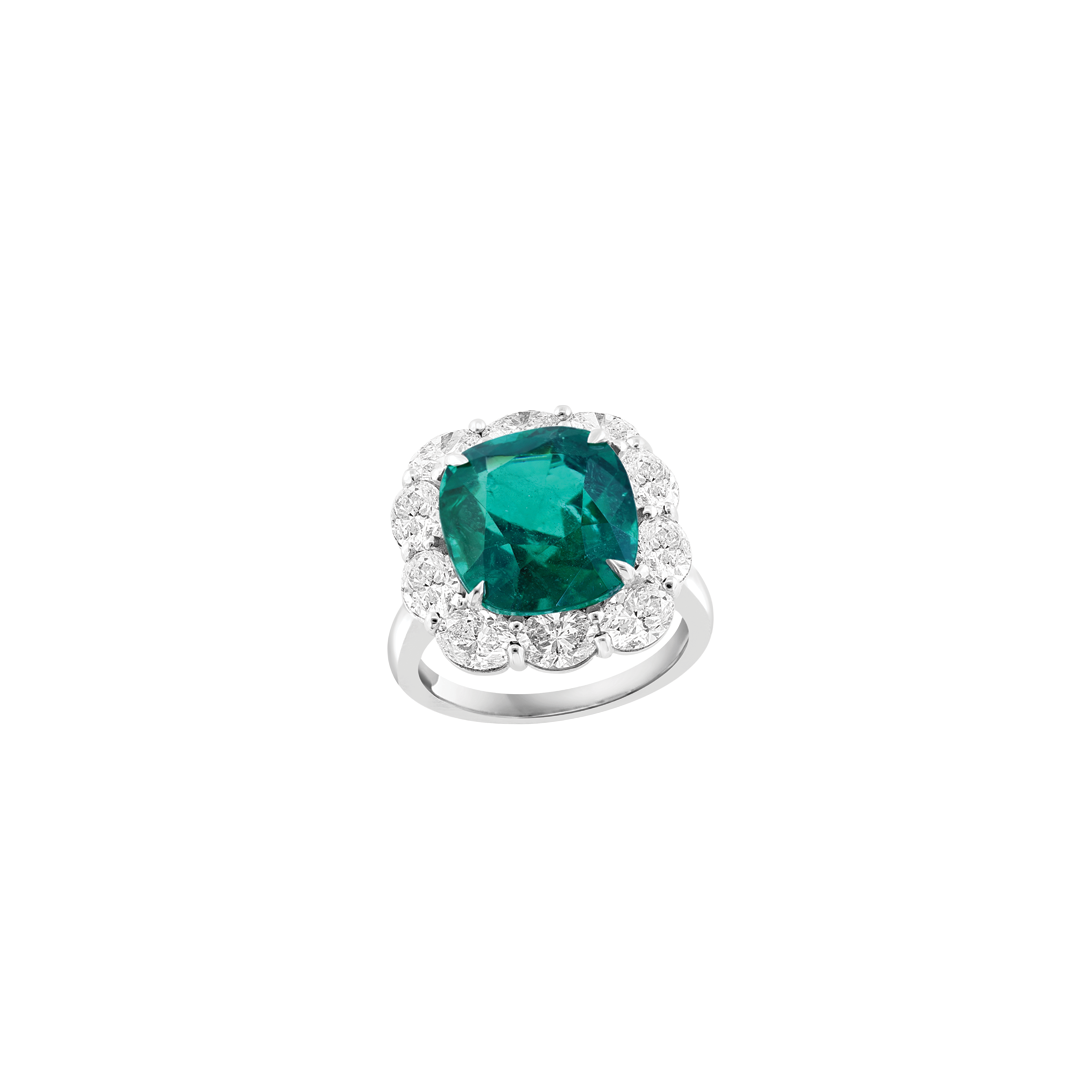 Cushion Cut Emerald Ring with Diamond Halo