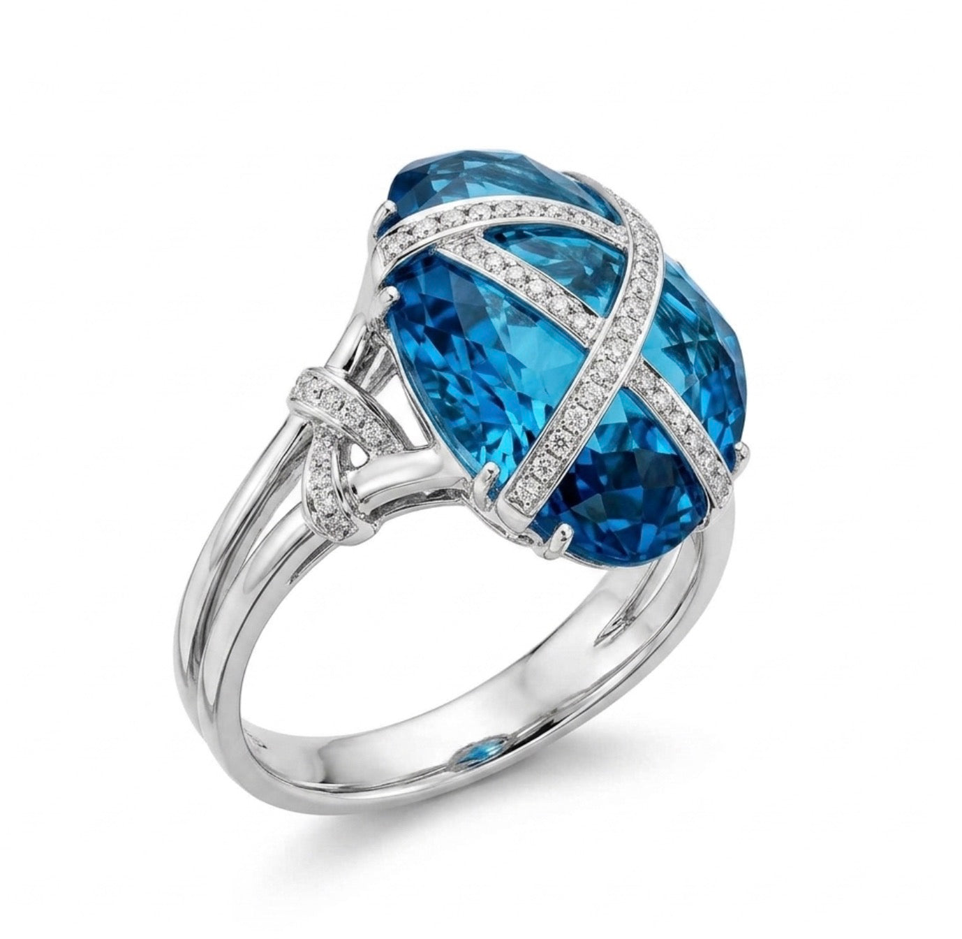 Blue Topaz Ring with Criss-Cross Diamonds